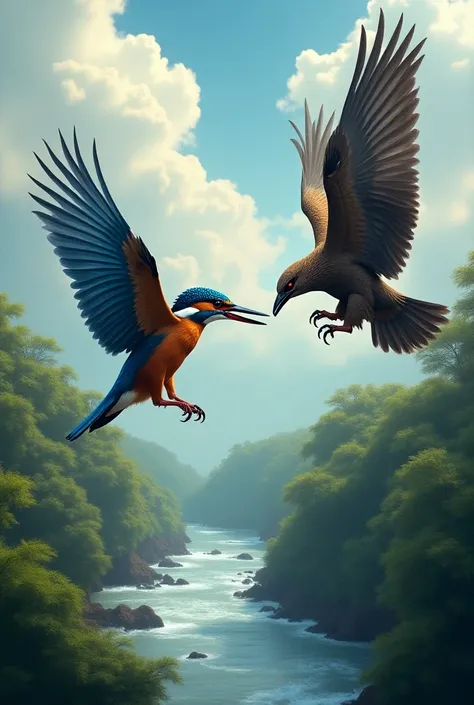 Create an image where a *kingfisher* and a *kite (bird of prey)* are facing off angrily in mid-air. The kingfisher, with its vibrant blue and orange plumage, is poised to attack, wings spread wide, and sharp beak aimed at its opponent. The kite, with sleek...