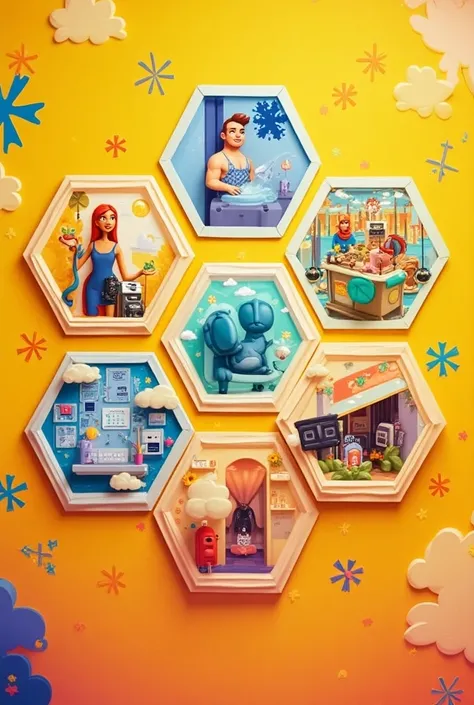 Make a creative hexagonal-shaped poster , that doesnt look so serious but rather striking and entertaining ,  inside place smaller hexagons where the information and images will go , LET IT BE ANIMATED