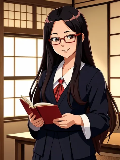 Create an anime-style image of a Japanese student smiling. She has long hair. Her appearance reflects her beauty, confidence, and intelligence. (shes wearing a black Japanese school uniform and red reading glasses). The background is the inside of a Japane...