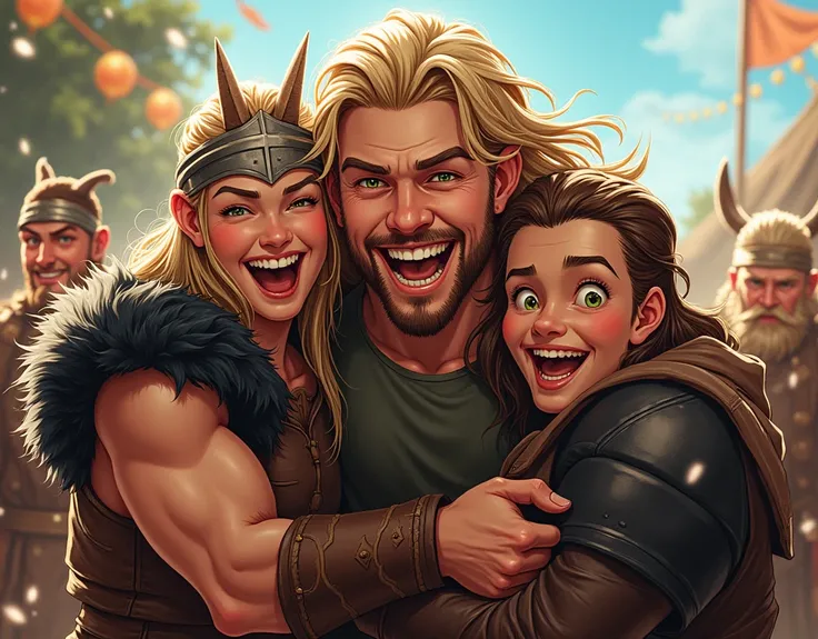 American Comics style image, Harald ,  is a young Viking , similar to Chris Hemsworth ,  with long hair , green eyes, theme:  cheerfully embracing two Vikings ,  one hairy goat and the other short brown hair,  celebratory image   