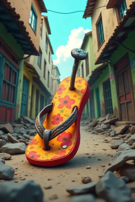 In Toon style, A Hawaiian slipper with a nail on the strap, in the middle of a slum.
