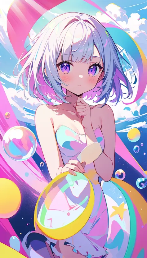 Best Quality, Supene, 8k, Incredibly absurd, Very detailed, 2.5D, Beautiful Goddess, Soap bubbles, Pastel colored clouds, Sunshine, Pop Art, Delicate and dynamic, Pastel Color Fantasy, white Hair, Long Bobcut, Very young, Purple eyes, Small breasts,