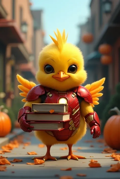 Fund A library,  Halloween decoration 
A yellow chick , dressed as Iron Man ,  he has several books in his hands... while walking down a street
