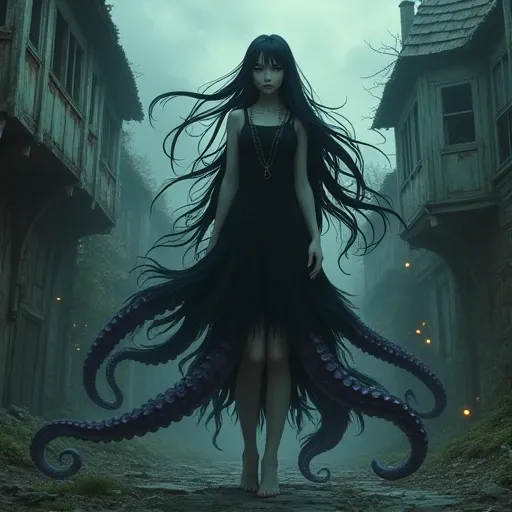 I want you to make a village a woman with black hair on octopus legs a dark anime-style woman