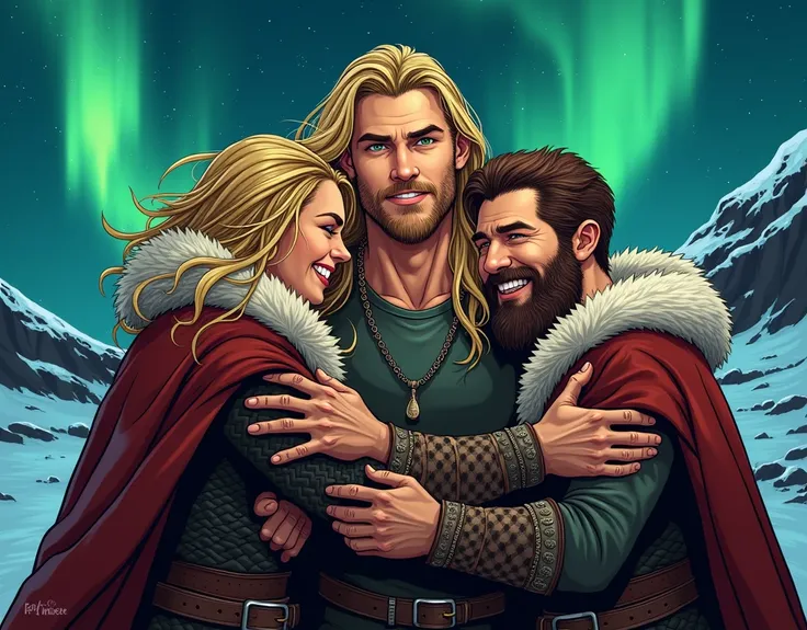 American Comics style image, Harald ,  is a young Viking , similar to Chris Hemsworth ,  with long hair , green eyes, theme:  cheerfully embracing two Vikings ,  one chiva hair and another short brown hair,  celebratory image  , Iceland background at night...