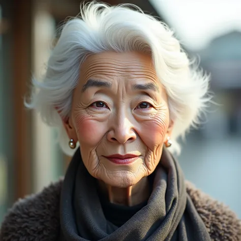 Photorealistic depiction,A 80-year-old Japanese woman,Kazuko Hosoki,Rich,white hair,grandmother,half smile,edgy,8k, woman wearing a glamorous scarf,Light background,outside,Head to Shoulders,heavy makeup,detailed face,portrait photography,aged face