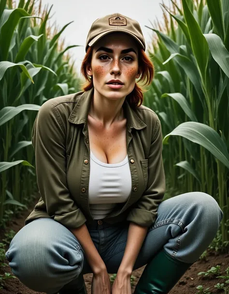 Photorealistic, cinematic style, low angle picture of a beautiful British woman kneeling in a cornfield between rows of tall corn. (Dynamic pose: 1.5), she is smiling. She has Brown eyes, downturned eye shape, light skin and freckles, reddish-brown hair. S...