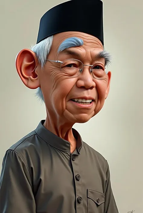 Caricature 4D photoRealistic characters style cartoon ,man old Indonesian,presiden Abdurrahman Wahid,Gus Dur ,Wearing tshirt muslim,songkok black,