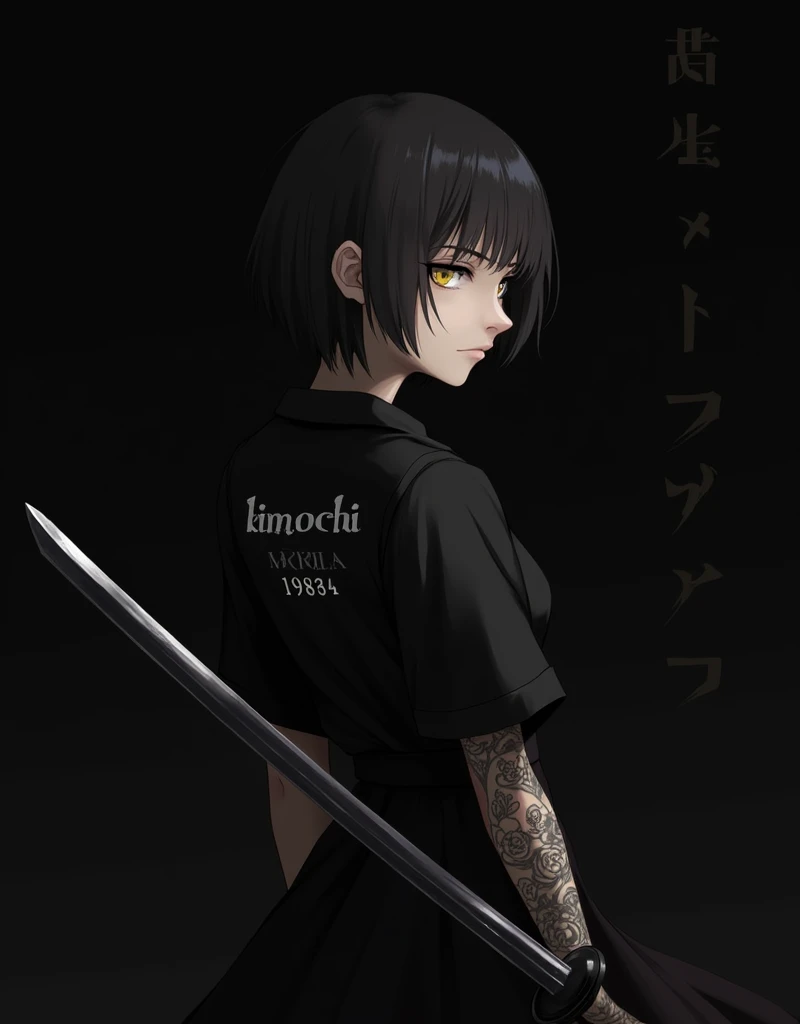 woman with black shirt and written KIMOCHI and 1984 on the back of his Dress , 4k, tattoo on arm, katana, background black