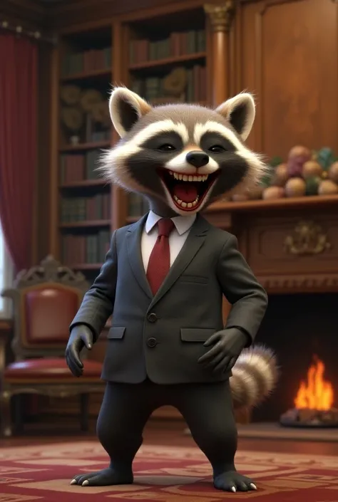 Anime 3d character raccoon raccoon wearing ash suit is having a big laugh in the study