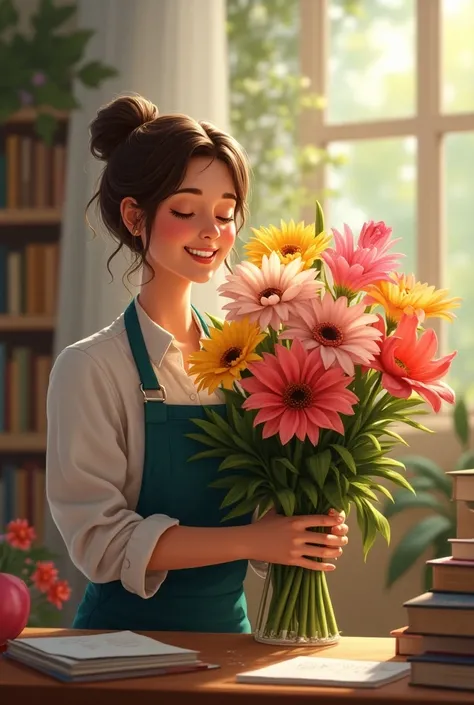 Shaping a math teacher holding a bouquet of smiling flowers (t