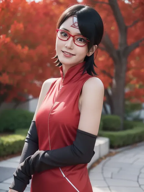 1girl, sarada uchiha in anime boruto, short hair, black hair, red eyes, smile, beautiful, sexy dress, sexy clothes, red clothes, wear red glasses, very big breast, realistic clothes, detail clothes, outdoor background, ultra detail, realistic