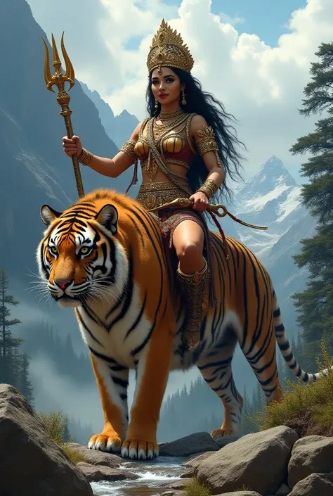 Hindu goddess with  crown and with trident and  soward and sitting on a tiger and  Rocky mountain alpine trees