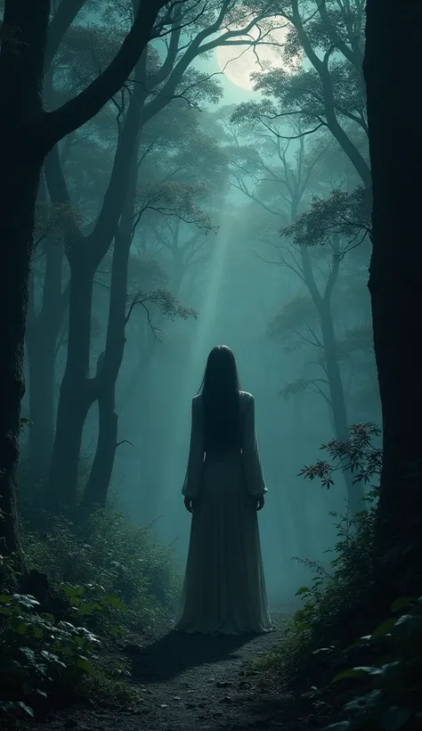 Depict a chilling and mystical scene deep within a dark forest, where Neeli waits to exact her revenge on the one who killed her in a past life. Neeli stands hidden among the thick trees, her expression cold and resolute, filled with the weight of ancient ...