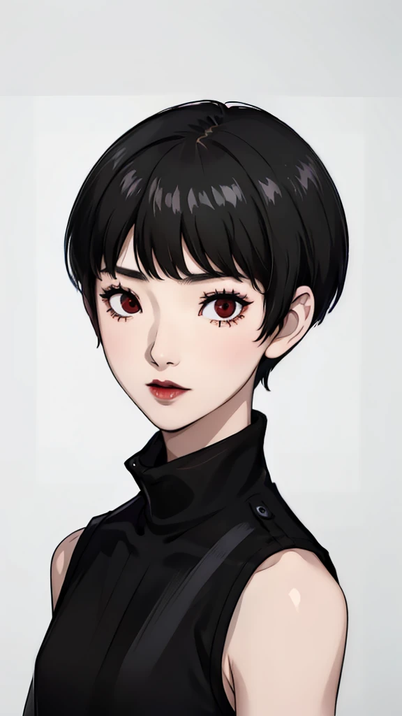 1 girl, very short hair, tomboy pixie haircut, black hair, red eyes, black lipstick, black lipstick, face portrait, front face, ...