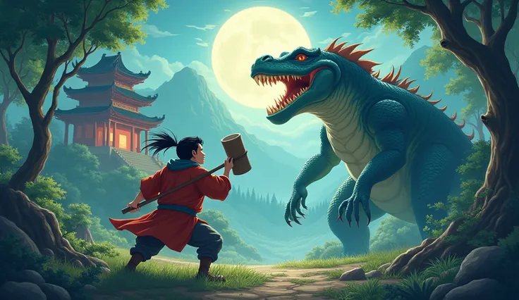  Drawing scene of Shizhan fighting lizards in a fairy forest .  Theshan is a healthy guy with a brave face ,  holding a large hammer .  Lizards are giant monsters ,  there is a huge body ,  hard scales and sharp fangs , blazing .  Lizard and lizards face o...