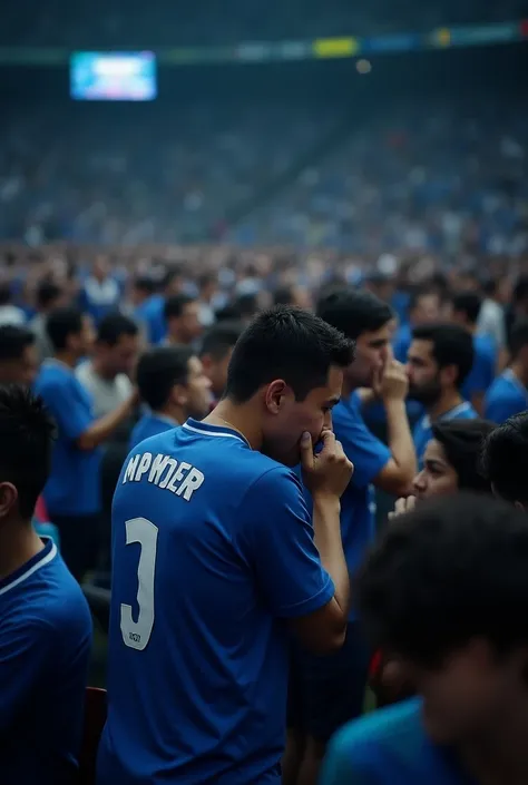 Many fans wearing blue shirts in a stadium crying over a defeat 