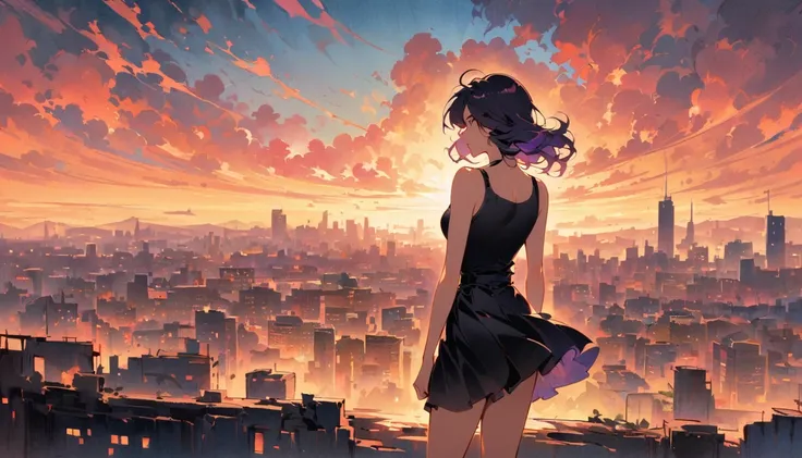 vintage movie, girl, violet hair, teen body, black top, black bodycon skirt, black boots, city View, architecture, Skyline, Sunset, Silhouette of clouds, traditional media, Contemplative.  