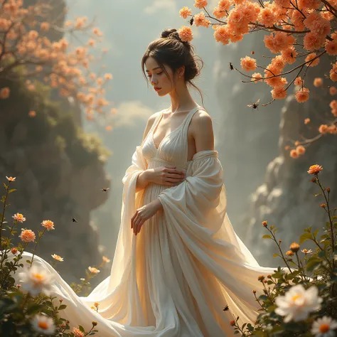 Masterpiece of a beautiful birth of Venus no costume in tradition countryside costume standing incient Chinese location, a beautiful lighting, A highly realistic image, mixed with Zen style, Chinese composition Style, Chinese painting style in the Dunhuang...