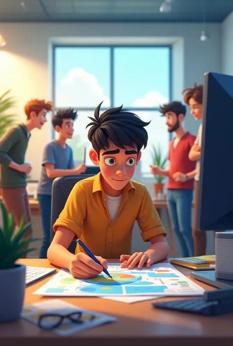  Young man sitting looking in front of a computer designing something. With a group of young people behind him , Animated version