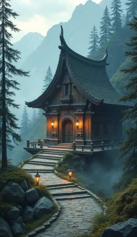 Visualize an ancient wooden temple nestled in a misty mountain range, surrounded by towering pine trees, as lanterns softly illuminate the path leading to it.