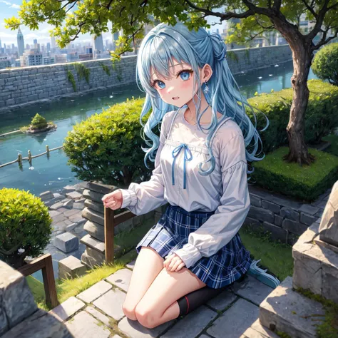 Light blue hair、Rainbow Eyes、Wavy Hair、Hair tied up、Two cute、 Plaid Mini Skirts 、Black T-shirt、Long sleeve、and、Black knee-high socks、Teeth are visible、Ice Castle、Tilting face、lawn、In front of the city gate、The stone is cracked、Uneven ground、Stone Wall、The ...