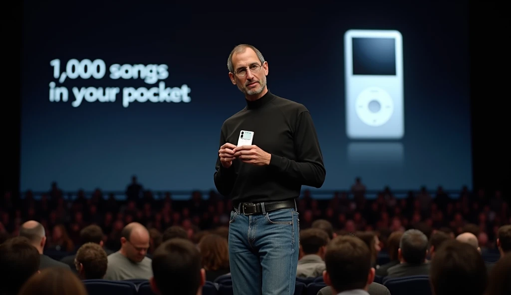 "A realistic image of Steve Jobs on stage during the launch of the iPod in 2001. Dressed in his signature black turtleneck and jeans, Jobs stands confidently in front of a large audience, holding the sleek, white iPod in his hand. The small, minimalist dev...