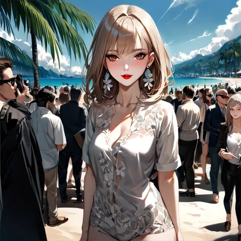 solo, full body,earrings, eyelashes, pantyhose,, (beach,(palm tree),crowd,(white shirt), floral print,red lips),sexy evocative smile,, (shiny skin:1.05),(blush:0.9),(skindentation:1.15),realistic, masterpiece, highest quality, highres,absurdres, (perfect f...