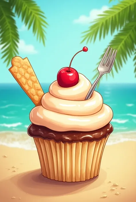 A cupkake with a fork and a cherry on top and a glaze and that the background is tropical and easy to draw.And let it be animated and with a wafer

Easier please