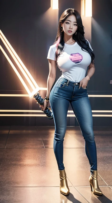 Full Body Photo. Studio Background. 8k HD good quality image. Hot Korean woman has an ideal body, big breast, big butt, sexy wavy body, straight long hair, wearing a golden Thor from Marvel clothes, blue tight skinny jeans, and golden boots. Inside the arm...