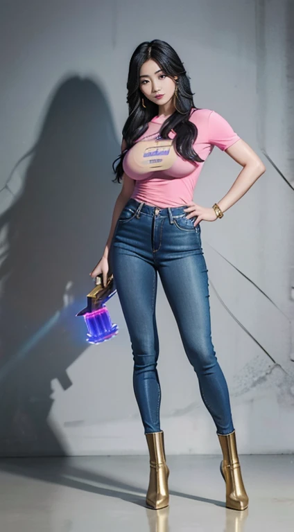 Full Body Photo. Studio Background. 8k HD good quality image. Hot Korean woman has an ideal body, big breast, big butt, sexy wavy body, straight long hair, wearing a golden Thor from Marvel clothes, blue tight skinny jeans, and golden boots. Inside the arm...