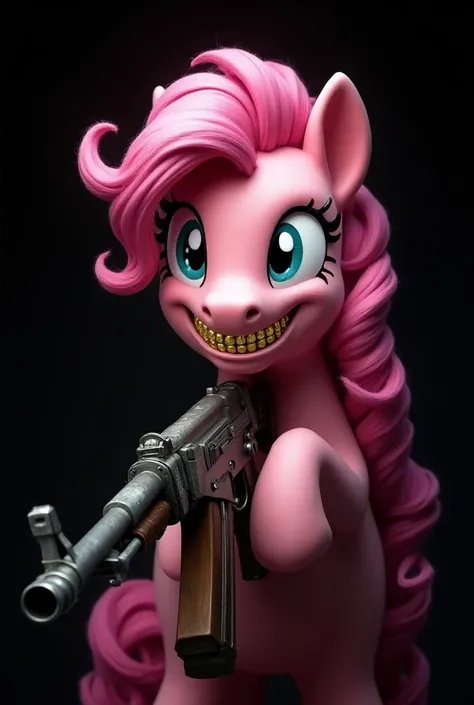 Make a Pinkie pie logo wearing gold dentures while holding an ak-47, black background, realistic