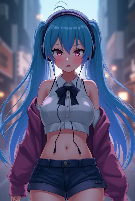  1 girl, alone,Full body,  watching audience , Open mouth, shill,Long hair,Bow Tie , tooth, tongue, Collared shirt, necktie, line,Tube top, Headband ,Open waist Lips , eyelash, chest,  Makeup Bright blue hair color ,Gradient , Fashion Games ,  Sexy Looks C...