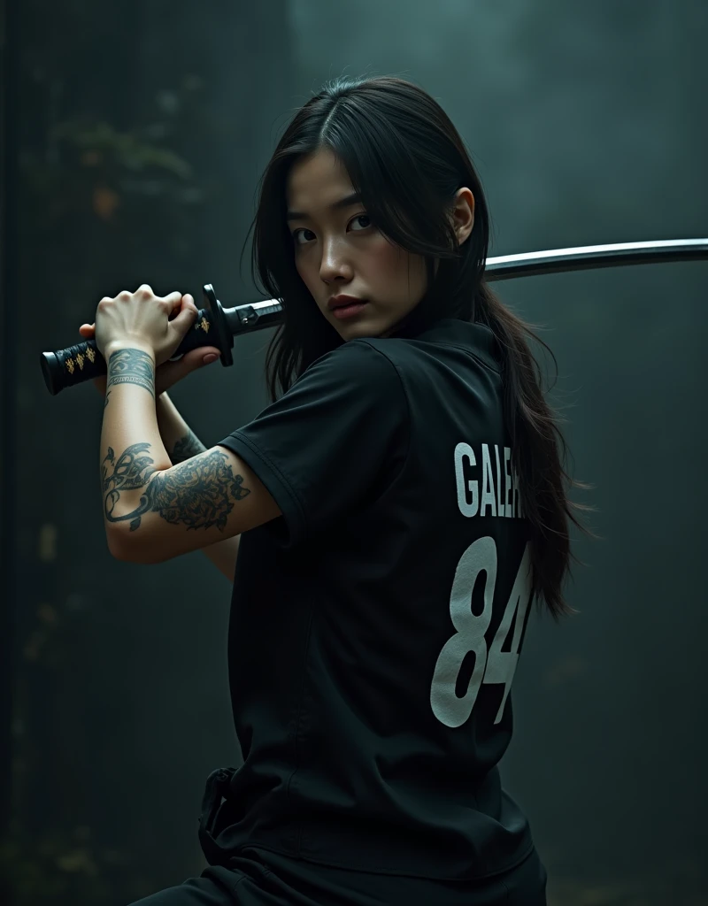 woman with black shirt and written GALER and 84 on the back of his Dress , 4k, tattoo on arm, katana, background black