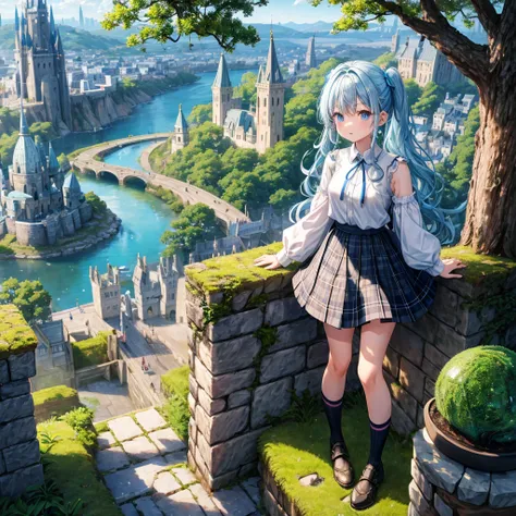 Light blue hair、Rainbow Eyes、Wavy Hair、Hair tied up、Two cute、 Plaid Mini Skirt、Black T-shirt、Long sleeve、and、Black knee-high socks、Teeth are visible、Ice Castle、Tilting face、lawn、In front of the city gate、The stone is cracked、Uneven ground、Stone Wall、The ro...