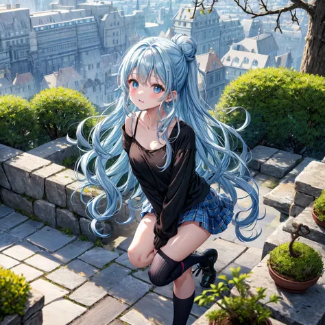 Light blue hair、Rainbow Eyes、Wavy Hair、Hair tied up、Two cute、 Plaid Mini Skirt、Black T-shirt、Long sleeve、and、Black knee-high socks、Teeth are visible、Ice Castle、Tilting face、lawn、In front of the city gate、The stone is cracked、Uneven ground、Stone Wall、The ro...