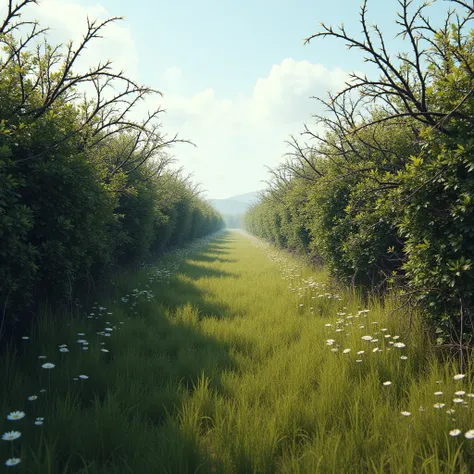 Create a highly realistic image of a wide, open meadow that is completely obstructed by large, dense brambles full of sharp thorns. These thick bramble bushes form an impenetrable barrier, making it impossible for humans to pass through. The thorns are pro...