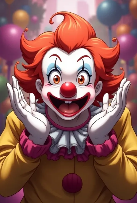 Happy clown ,  hands on face, anime