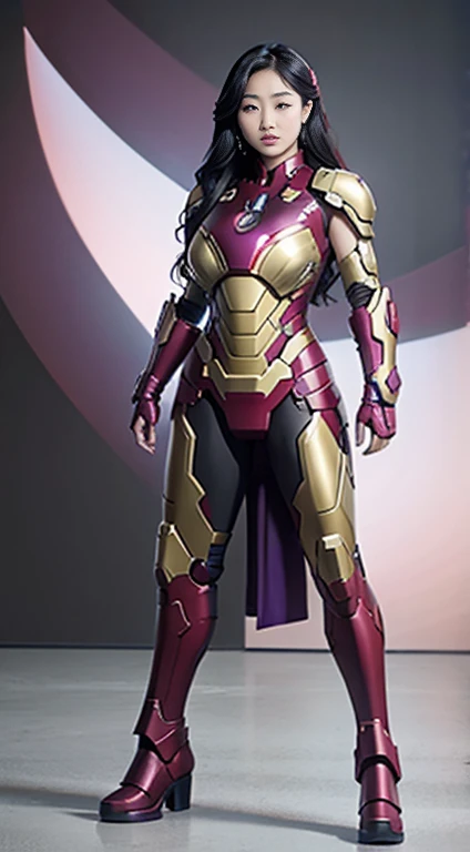 Full Body Photo. Studio Background. 8k HD good quality image. Hot Korean woman has an ideal body, big breast, big butt, sexy wavy body, straight long hair, wearing a COLOURED Purple Iron Man armor without the helmet. FULL BODY FROM HEAD TO TOE. Standing in...