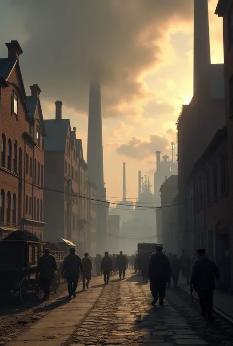 A bustling scene of the Industrial Revolution, set in a large, smoke-filled 19th-century city. Massive brick factories line both sides of a wide, cobblestone street. Tall chimneys spew thick, dark smoke into the sky, casting a grey haze over everything. Wo...