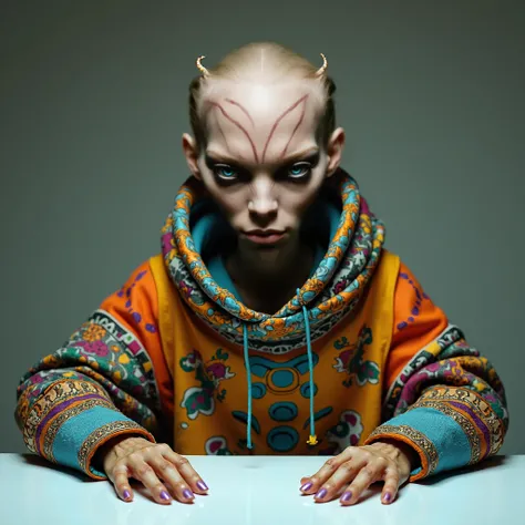 Sitting at a desk, hands on the desk. Stern face, facing camera. Fully clothed, wearing colorful extraterrestrial clothing