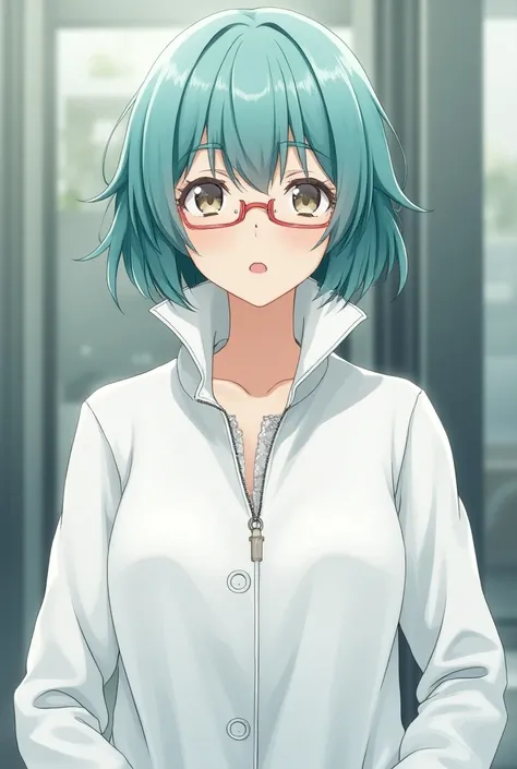 Miku Nakano of the quintuplets wearing a white coat and wearing glasses