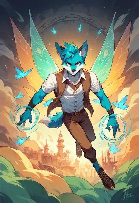 ((best quality)) ((masterpiece)) portrait, Magic, floating, fitness, fairy fox, anthro, serious expression, cool, high detail, vibrant, steampunk city background, wearing stemapunk clothes, white shirt, brown vest, brown pantalon, male, 8k