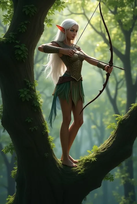  Make a forest elf with white hair color brown skin and blue eyes,  do him with a hairstyle back ,  wearing simple but very refined armor , Make him elegant ,  make him using a bow and arrow ,  make him on top of a tree  