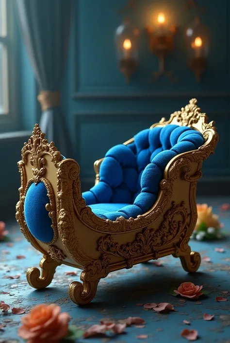 a close up, and the angle  looking from above, of a gold cradle with a blue velvet upholstered, golden cradle, gold cradle, ornate furniture, baroque object, cradle, rendered in keyshot, luxury furniture, baroque objects, luxury hd render, gold and luxury ...