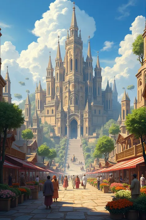 A grand palace surrounded by a prosperous kingdom. The palace is massive, with tall spires, intricate carvings, and gardens full of blooming flowers. People in the kingdom are happy, trading in the bustling markets, and farmers are harvesting abundant crop...