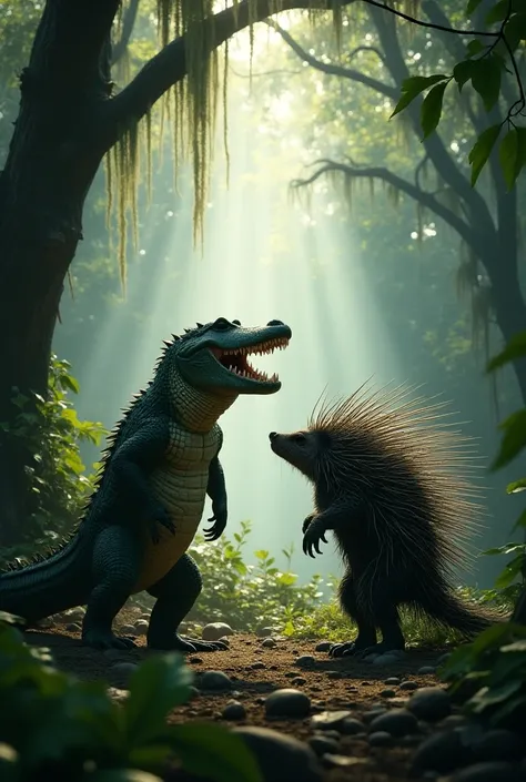 A crocodile and a porcupine standing face to face in deep jungle 