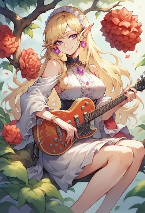 A girl playing a flamenco guitar ,  sitting on a large branch of a tree at dusk High resolution,  long hair, smile, blonde hair, breasts, violet eyes, pointed ears,  masterpiece, Earrings, smile, plano general, 