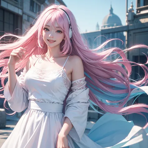 Fair skin　 headphones　Pink and light blue hair　Beautiful woman with long and wavy hair 　 no bangs 　smile　The clothes are white　Pull out your shoulders