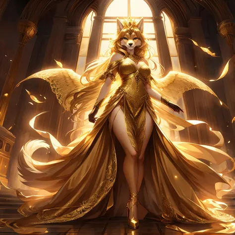 Furry, female, golden Wolf,fur body,fur, golden hair, golden eye, golden wings, long wolf tail,Just the right height,wolf girl white body, golden Queen,golden crown, golden jewelry, golden queen dress, golden lace gloves, golden lace stockings, golden lace...